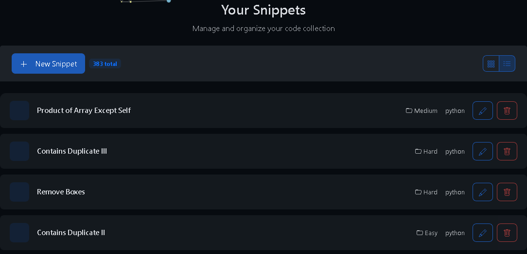 Snippet Management List View